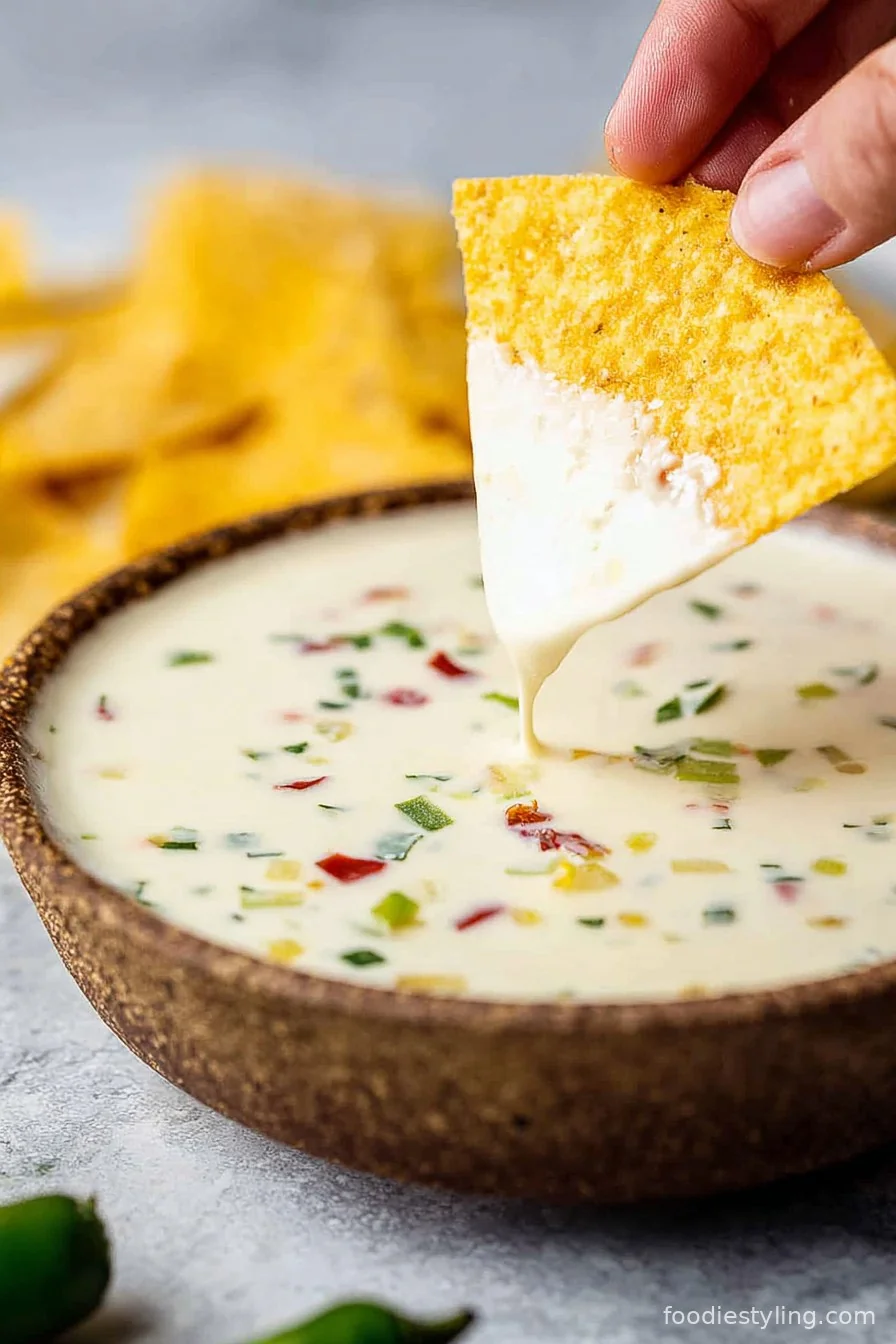 A big bowl of creamy, melty Queso Blanco dip with warm tortilla chips