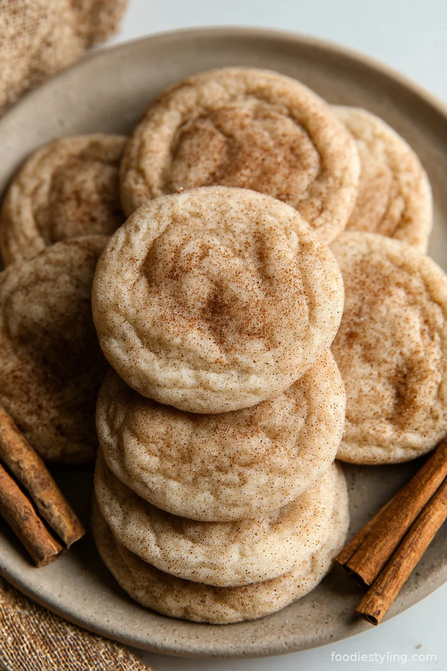 A stack of golden brown chewy cinnamon sugar cookies, sparkling with sugar crystals, beside a glass of milk.