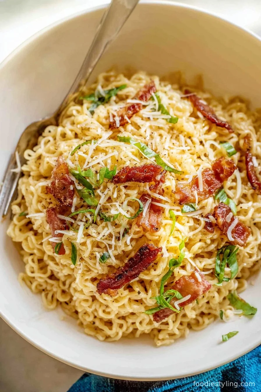 An irresistible bowl of creamy Ramen Carbonara loaded with crispy bacon and fresh herbs