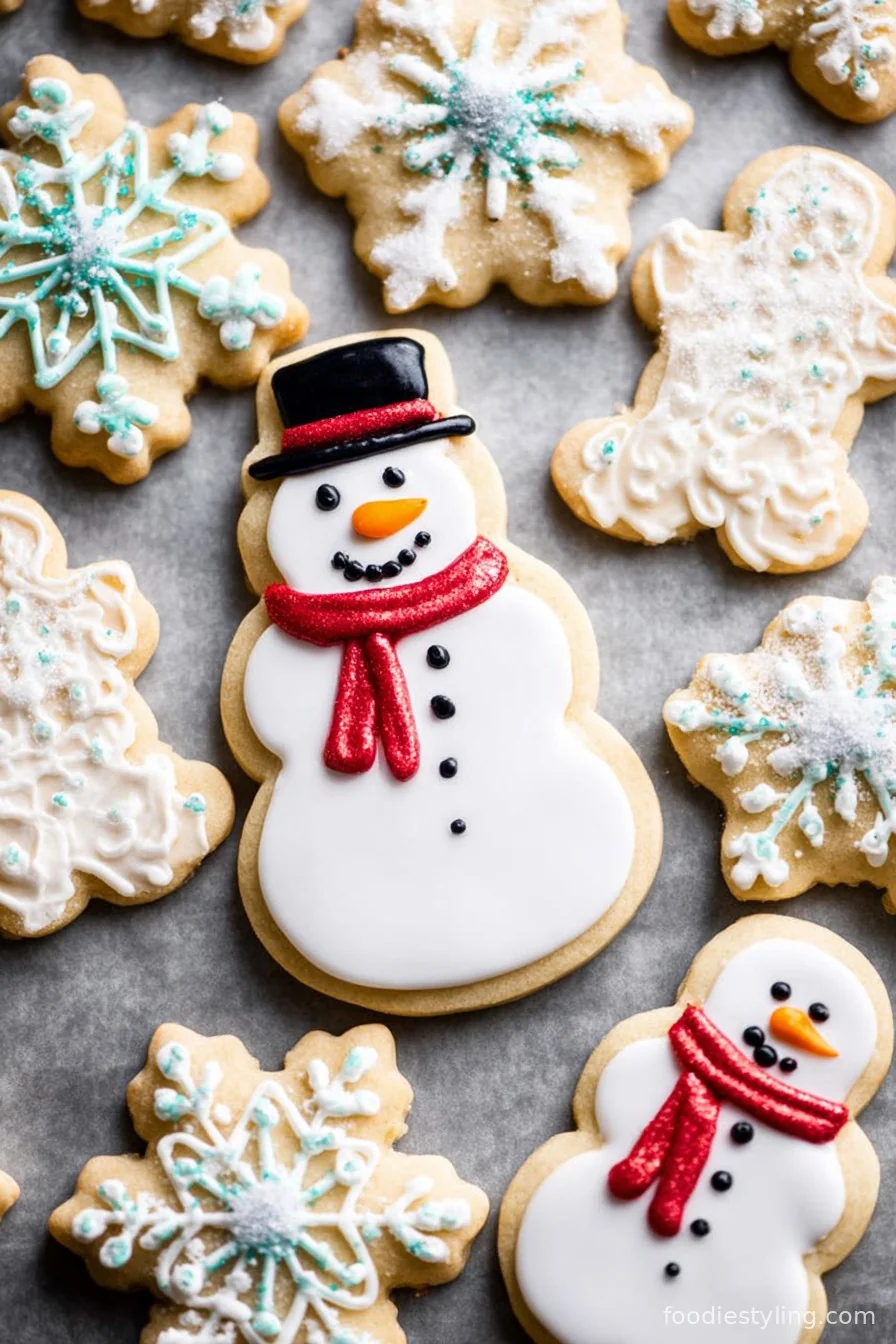 Festive plate of snowman-shaped sugar cookies with cheerful icing faces and scarves