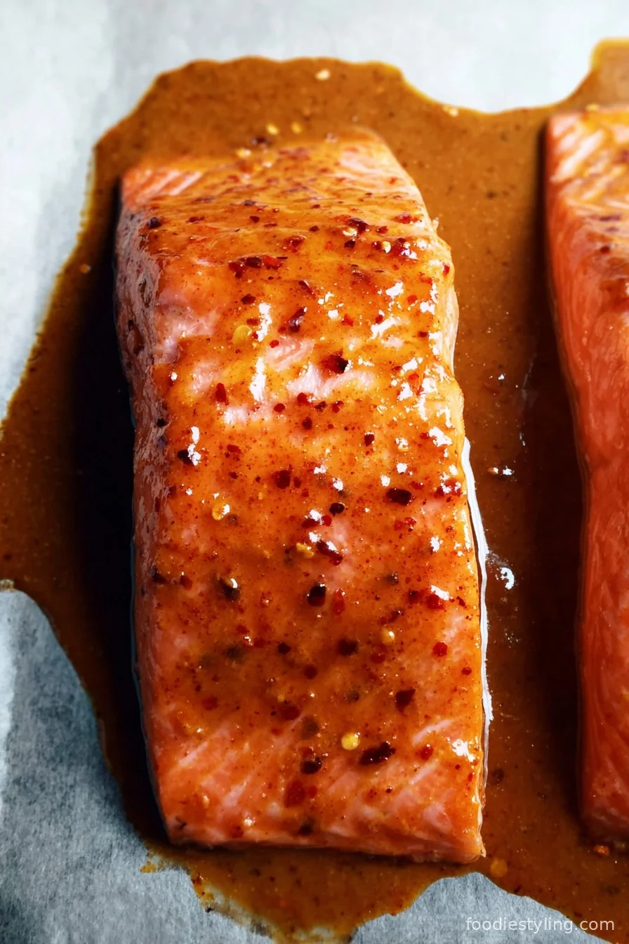 Spicy Maple Glazed Salmon fillet on a white plate, garnished with scallions and sesame seeds
