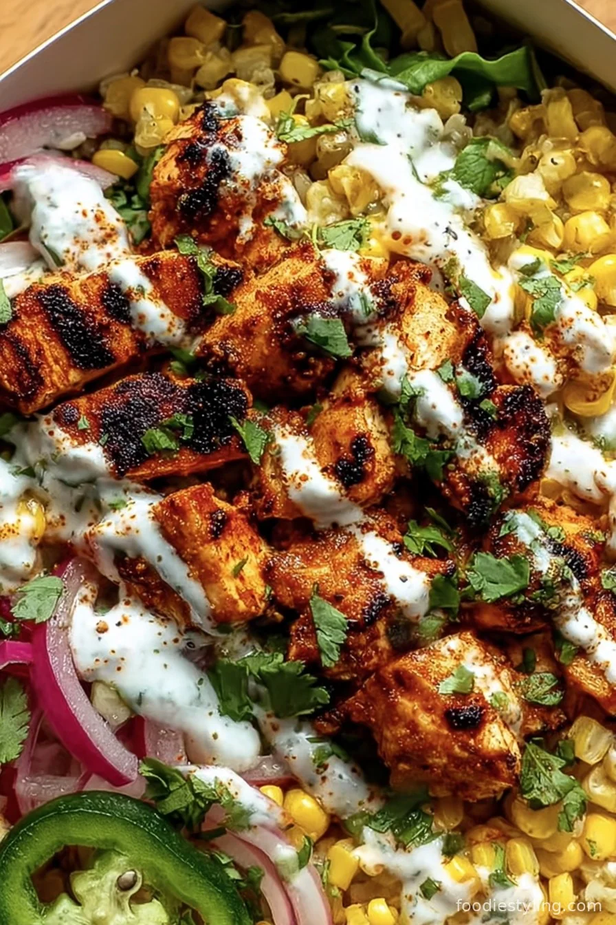 Street Corn Chicken Bowl loaded with corn, lime, and cheese