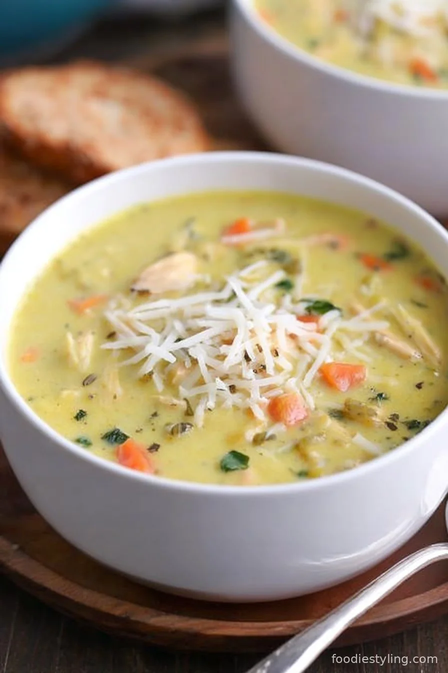 A creamy, golden chicken soup brimming with vegetables and topped with fresh herbs