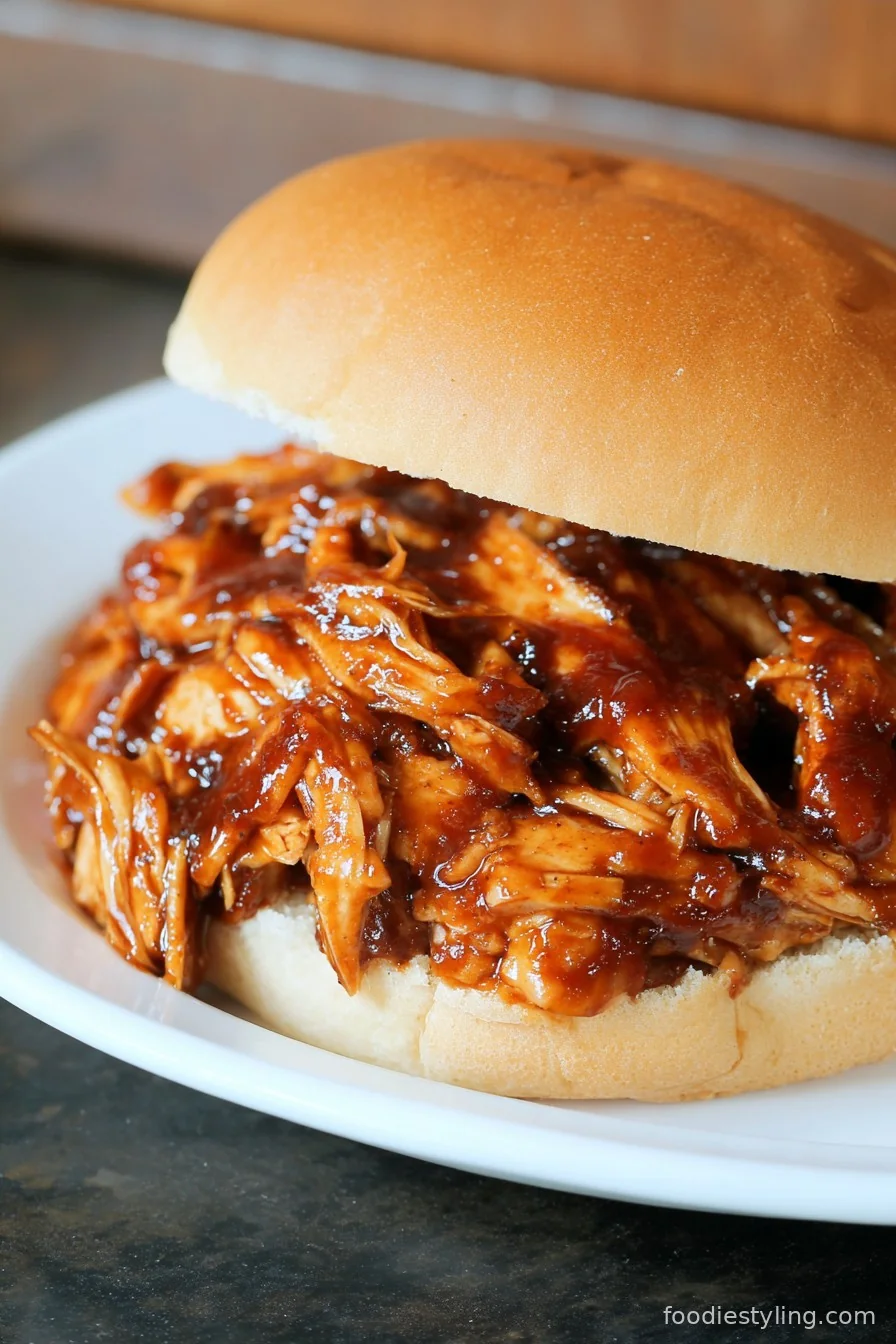 The Best Crockpot BBQ Chicken in a toasted bun with extra sauce