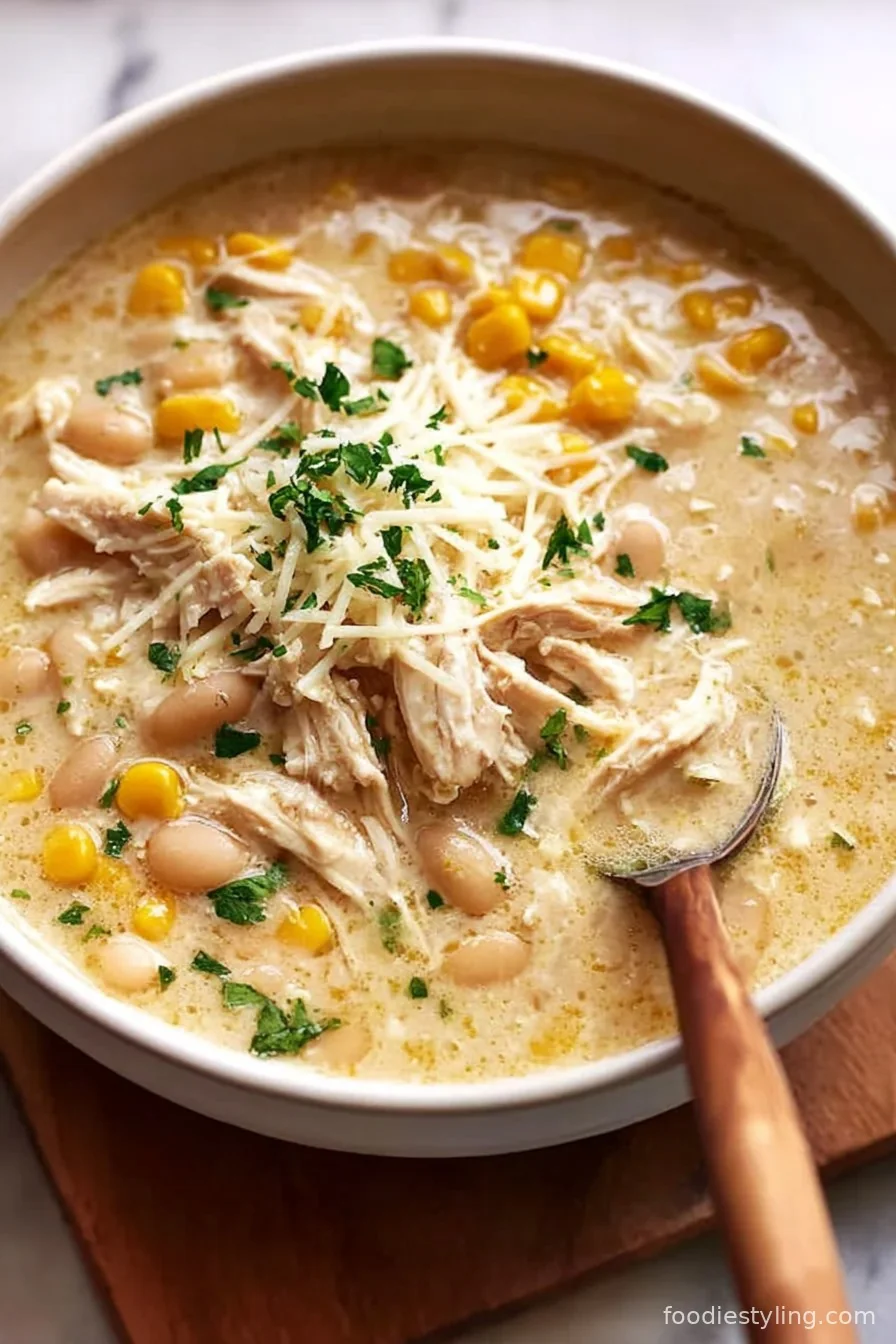 Bowl of creamy white chicken chili garnished with cilantro, avocado, and lime