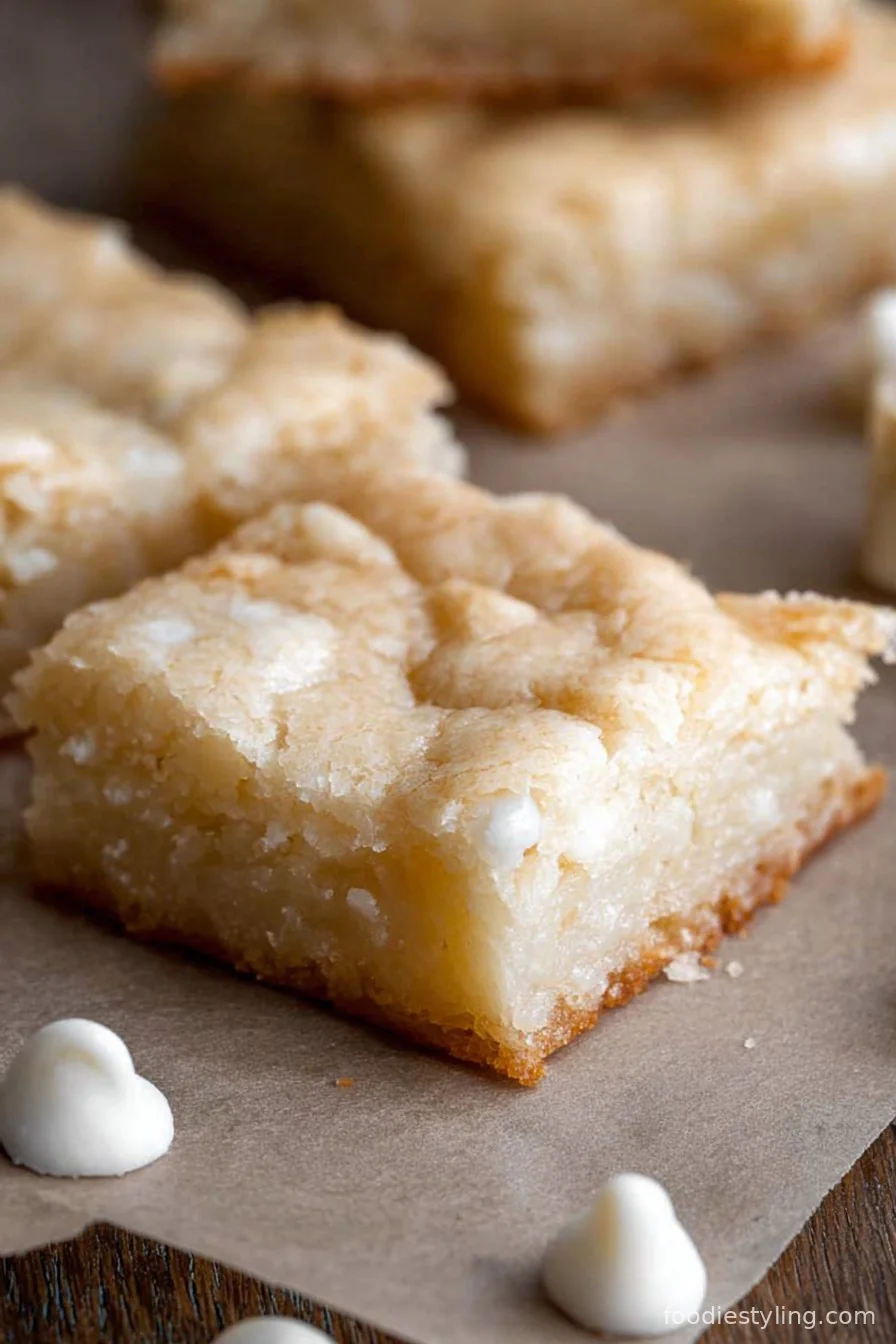 White Chocolate Brownies on a white plate, gooey texture shown