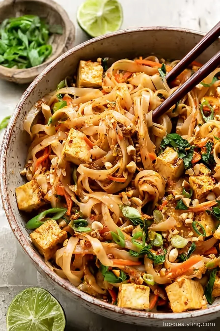 Finished plate of Tofu Pad Thai with lime and peanuts