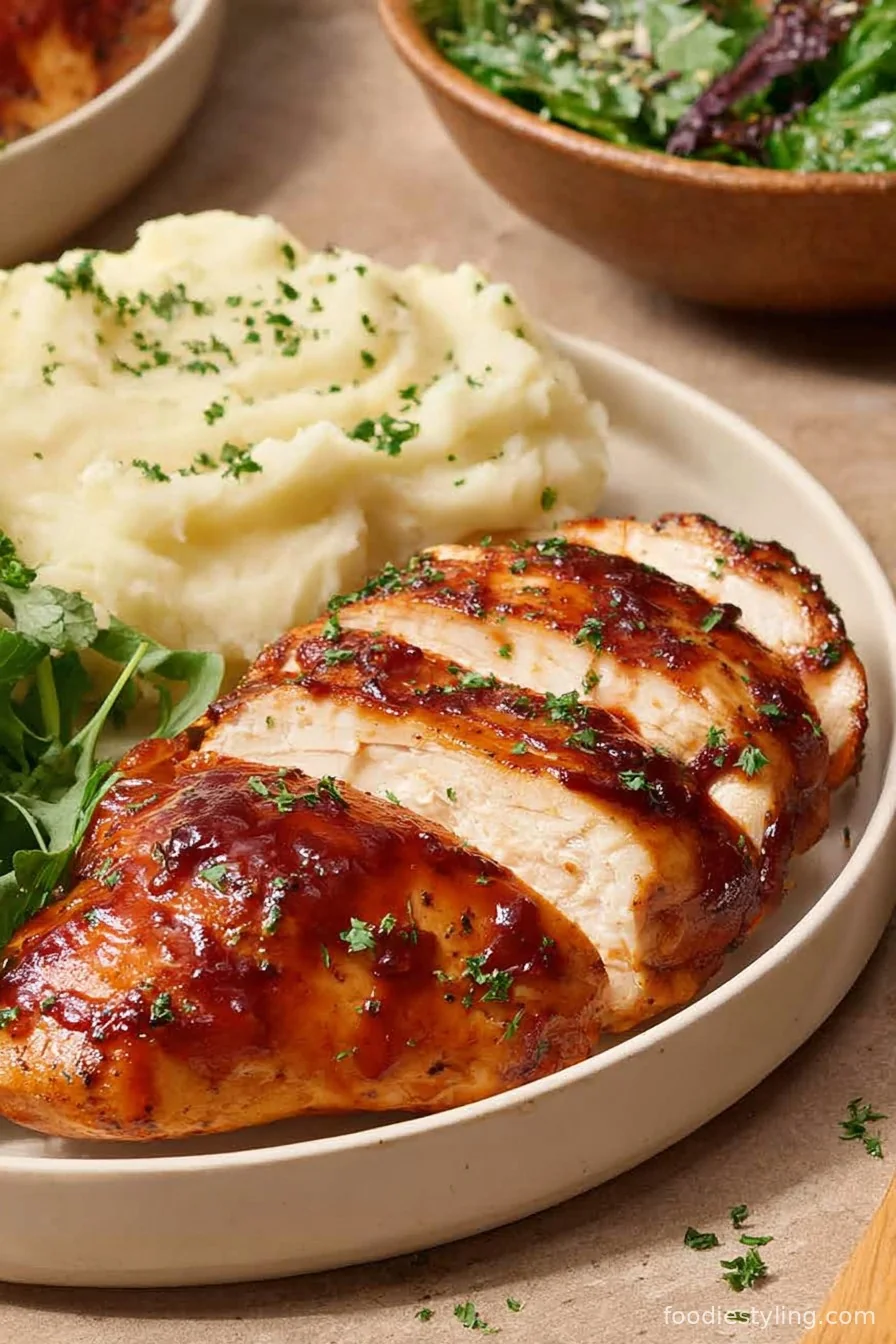 Delicious Air Fryer BBQ Chicken Breast with a glossy BBQ glaze