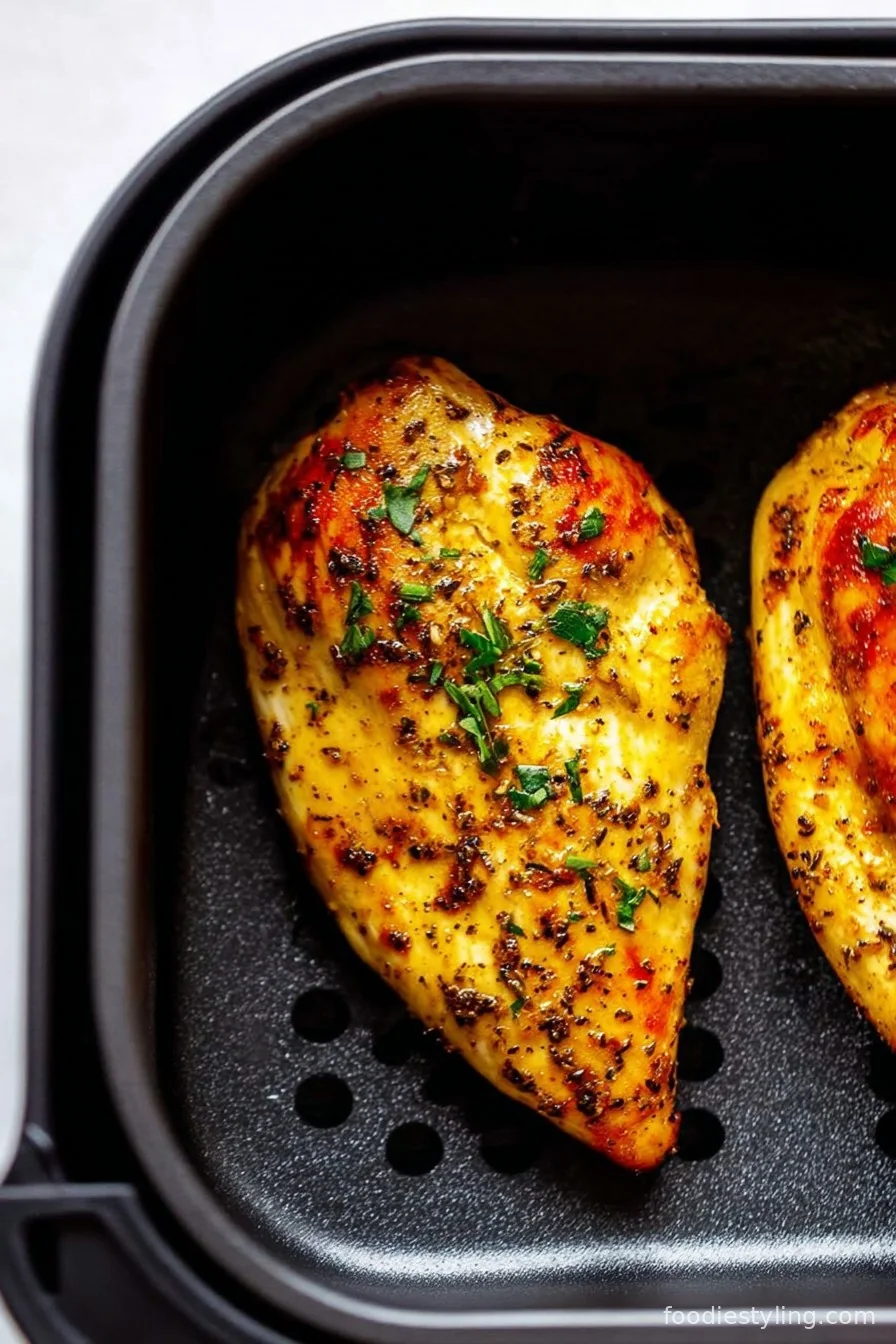 Juicy golden air fryer chicken breasts atop a wooden cutting board