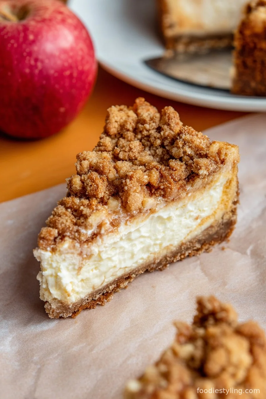 Dreamy slice of Apple Crumble Cheesecake with golden crumble and cinnamon apples