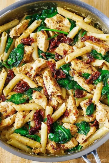 Asiago Chicken Pasta with Sun-Dried Tomatoes and Spinach
