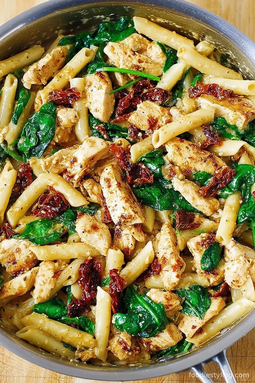 Asiago Chicken Pasta with Sun-Dried Tomatoes and Spinach plated with extra asiago and basil