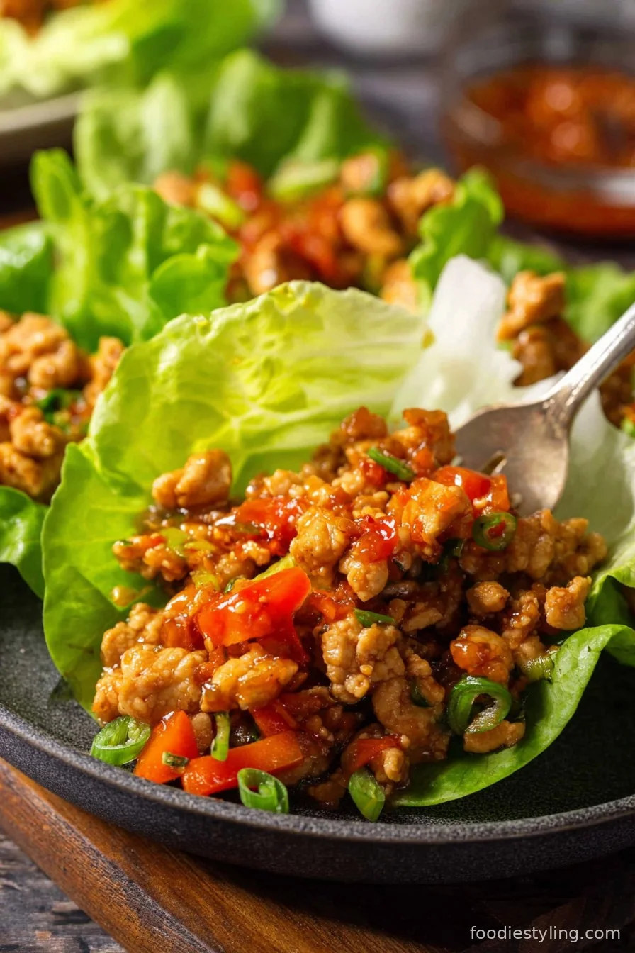 Asian Chicken Lettuce Wraps arranged on a platter with toppings