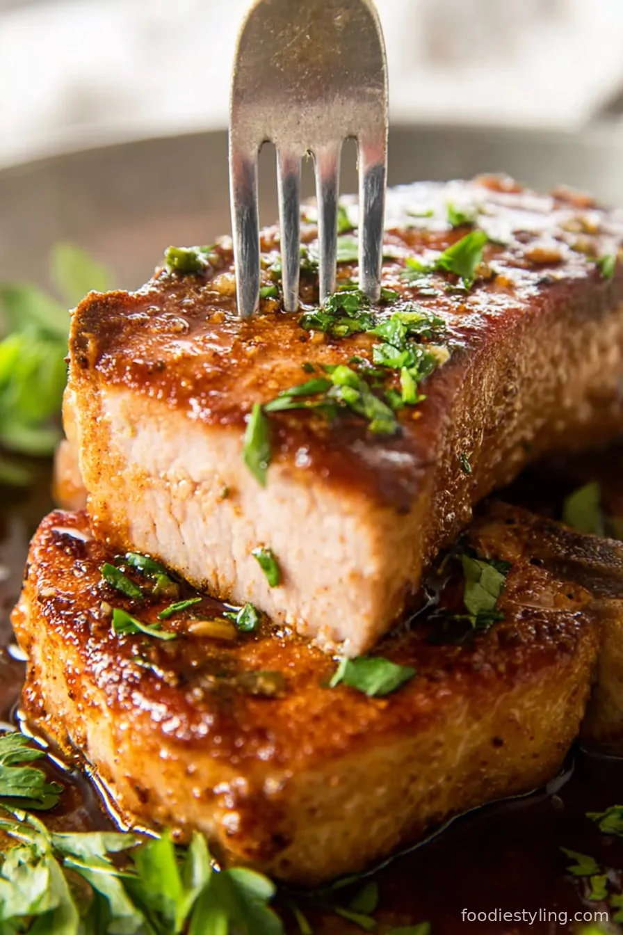 Tender, golden Baked Pork Chops resting in a white baking dish with fresh herbs.
