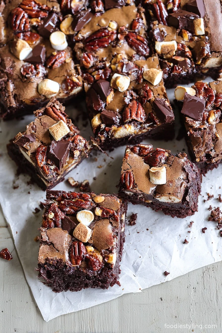 Rocky Road Brownies with gooey marshmallows and nuts on top