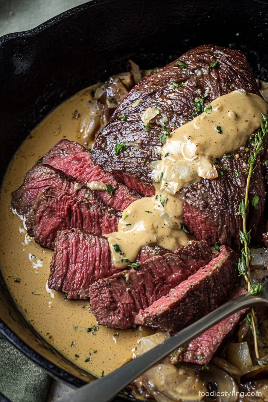 Perfectly Seared Bavette Steak with Creamy Whiskey Garlic Sauce