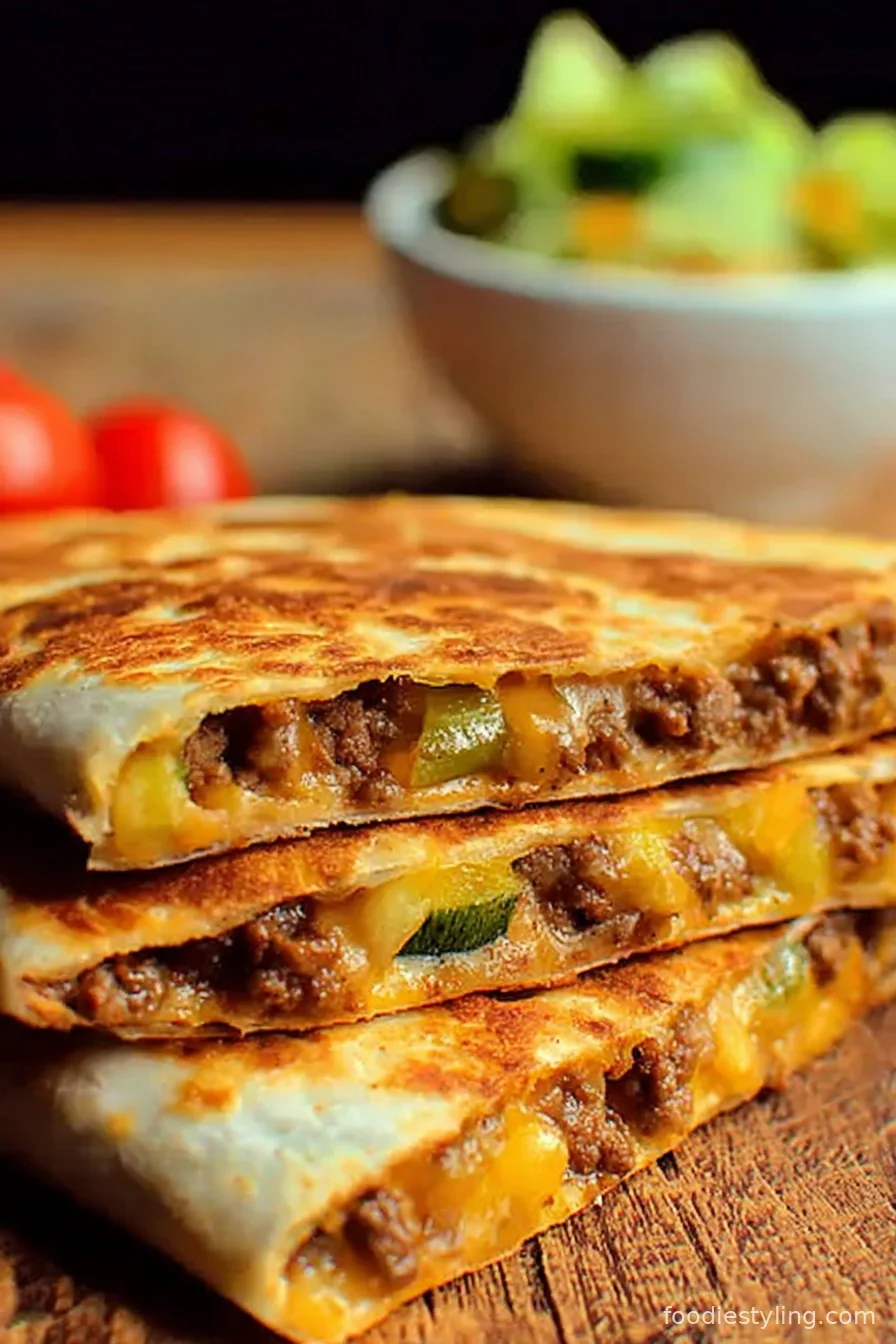 Golden crispy quesadilla wedges stacked on a platter, oozing cheese and ground beef, topped with pickles and a drizzle of burger sauce