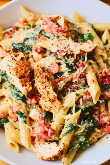 Chicken and Bacon Pasta with Spinach and Tomatoes in Garlic Cream Sauce