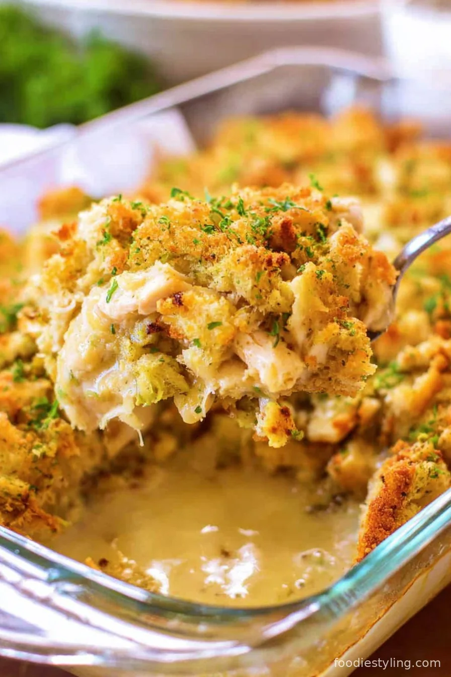 Creamy chicken with stuffing topping in a casserole dish