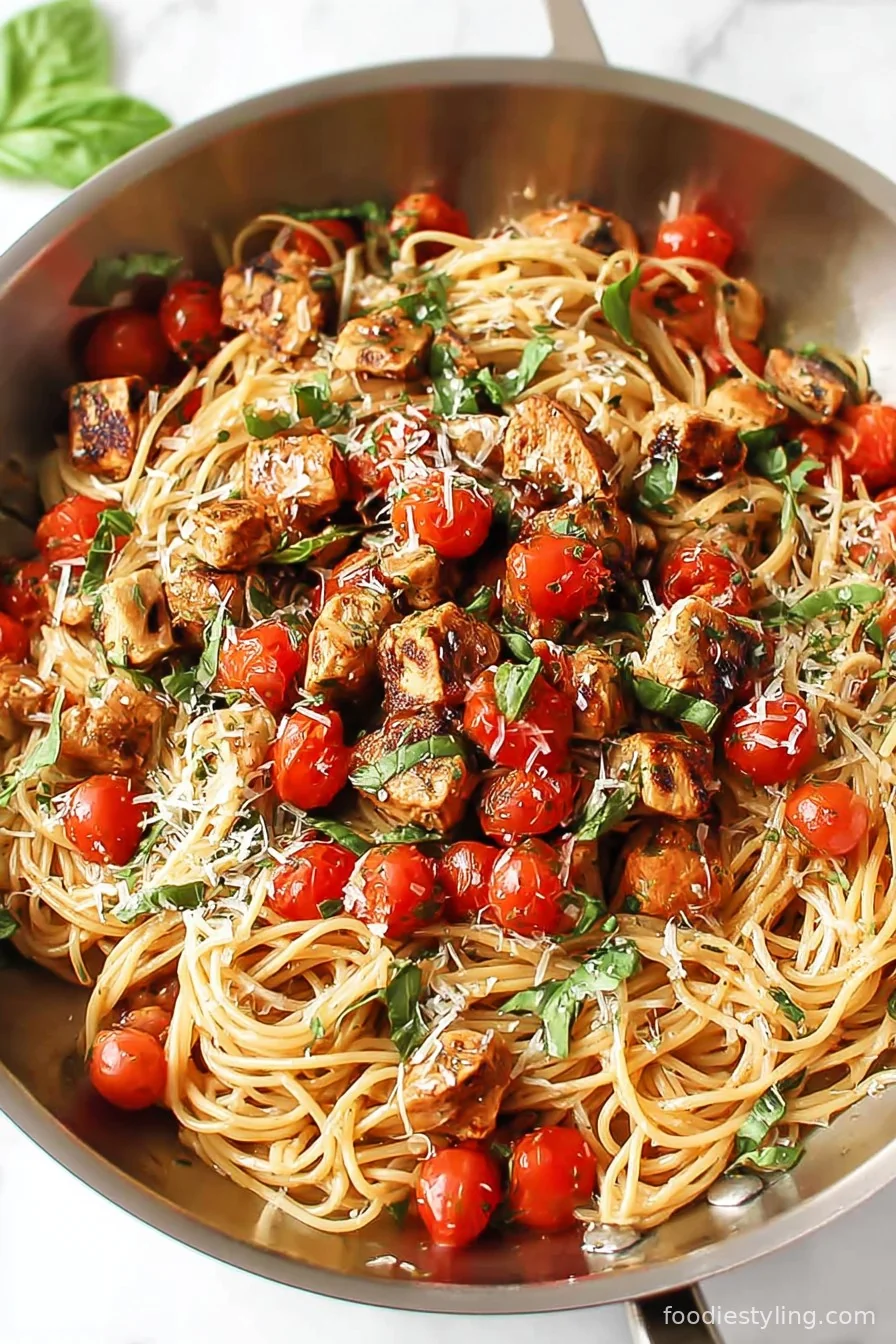 Chicken Basil Tomato Pasta in a bowl topped with fresh basil and parmesan