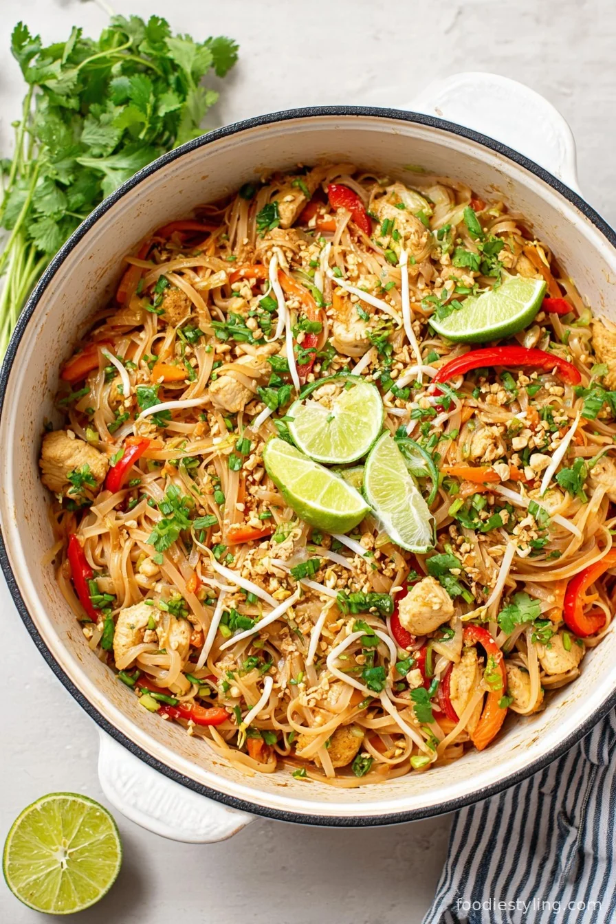 Chicken Pad Thai with lime, peanuts, and green onions on top