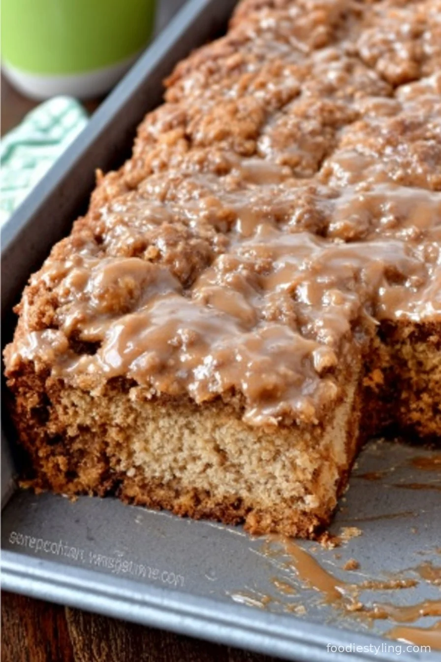 A golden, cinnamon-swirled coffee cake sliced with sweet maple glaze drizzled over the top.