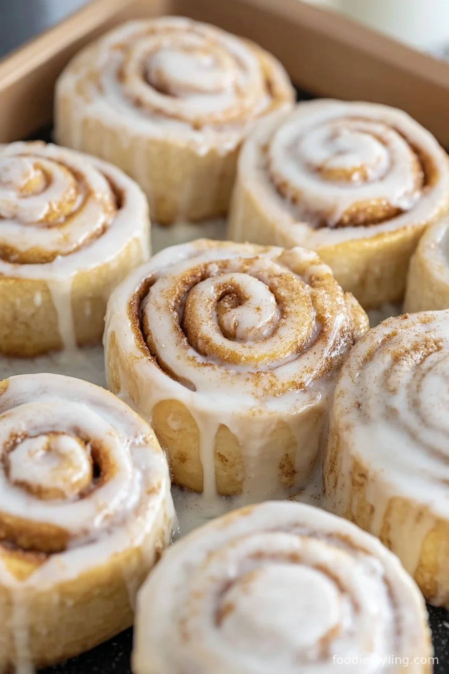 A pan of golden cinnamon rolls drizzled with cream cheese frosting.