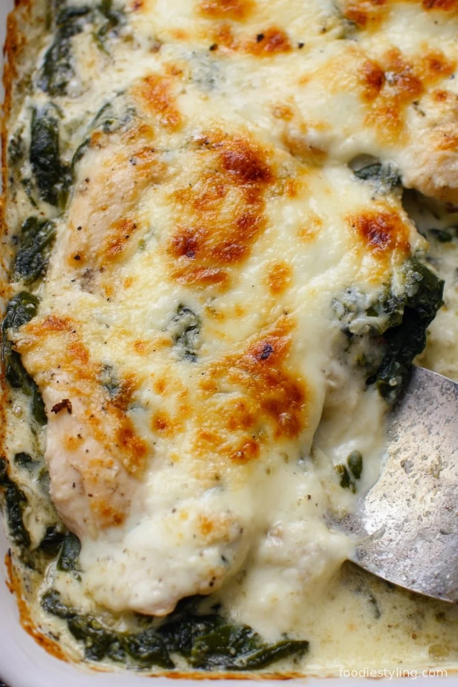Creamy spinach chicken casserole baked to golden perfection