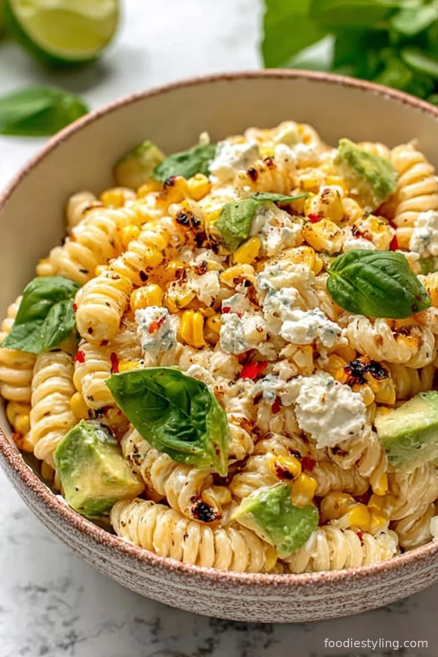 Creamy Street Corn Pasta Salad in a bowl with cilantro garnish