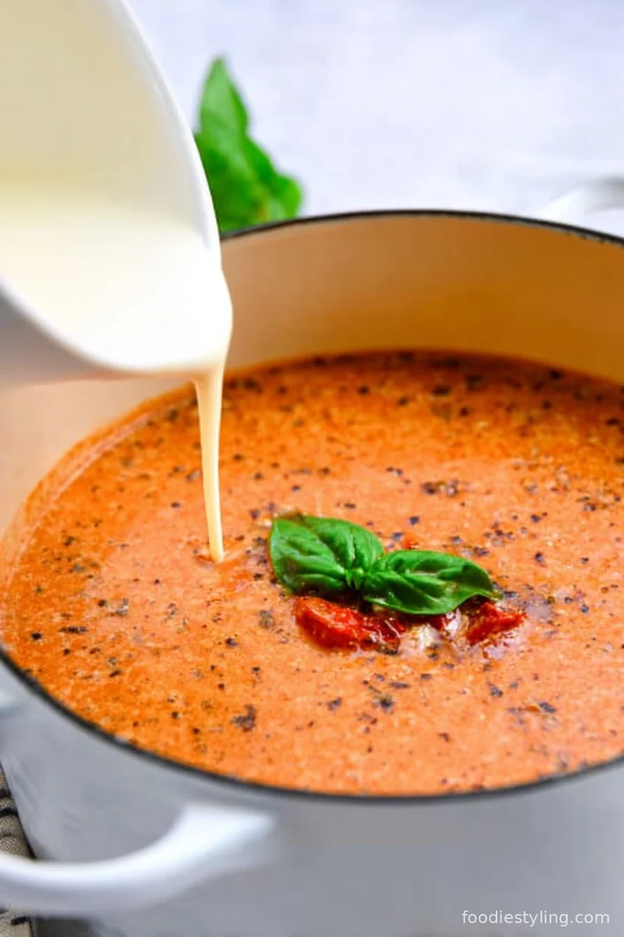 A steaming bowl of creamy tomato basil soup garnished with fresh basil