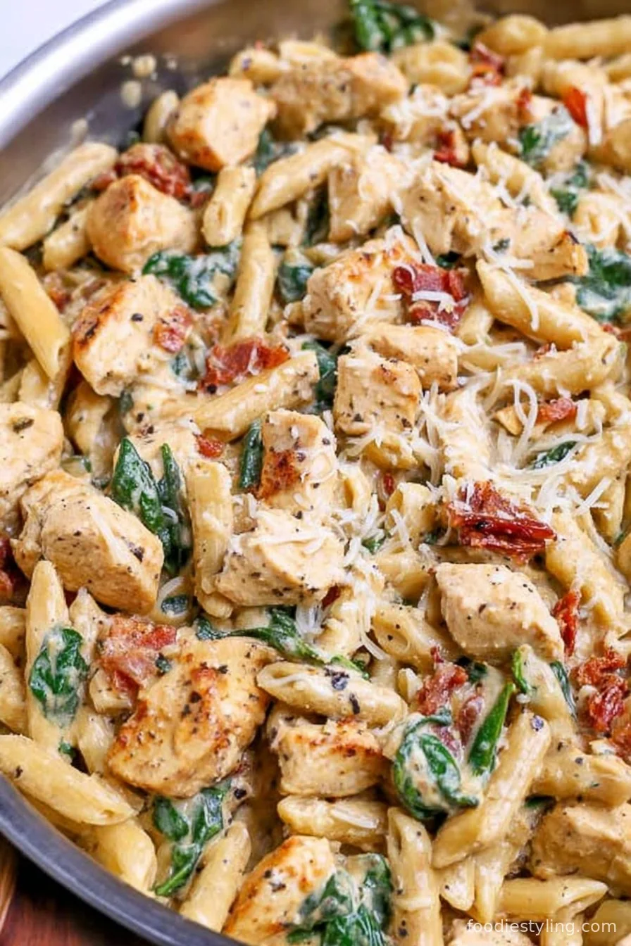 A dreamy bowl of Creamy Tuscan Chicken Pasta with sun-dried tomatoes and baby spinach