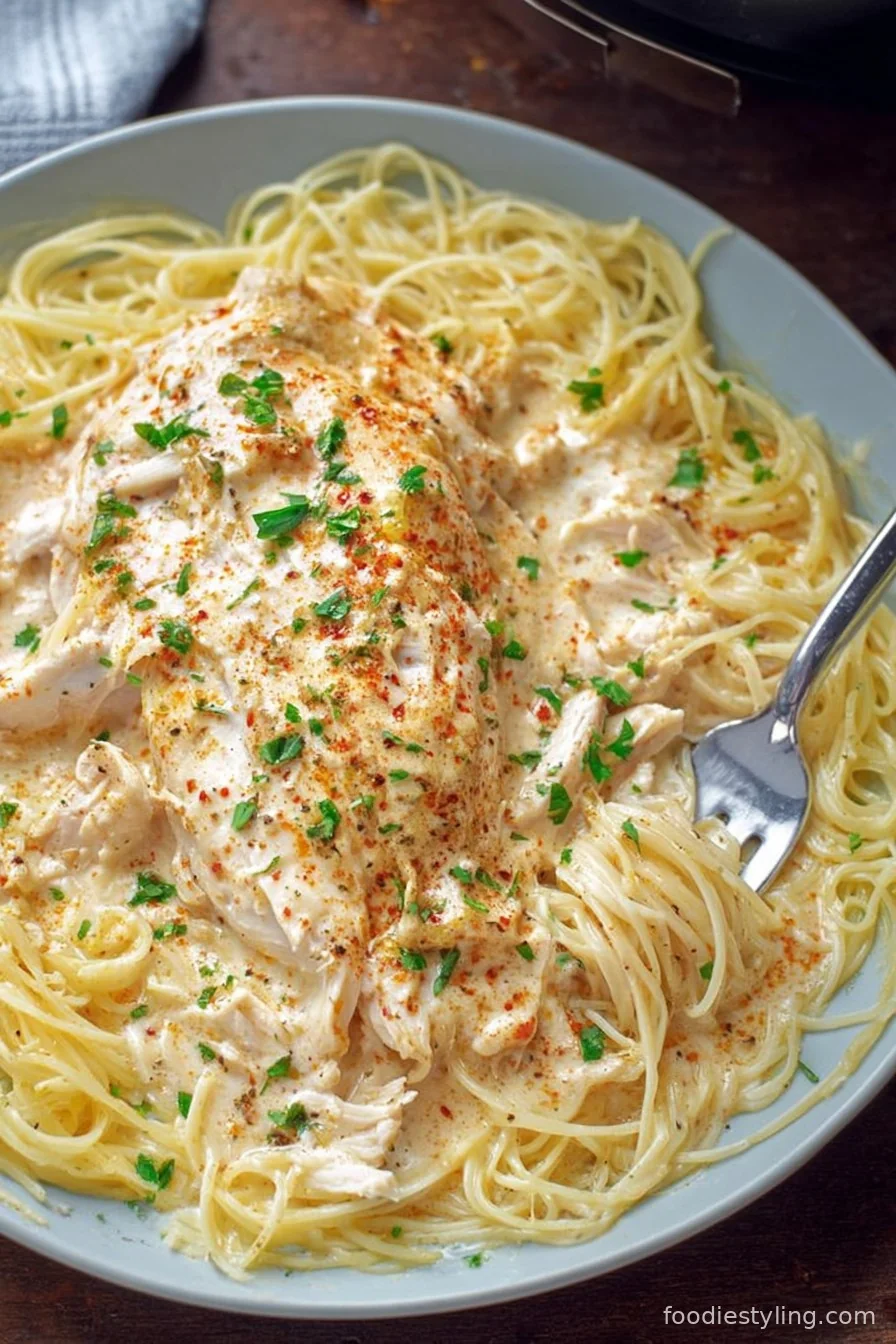Crock Pot Angel Chicken served over angel hair pasta, garnished with fresh parsley