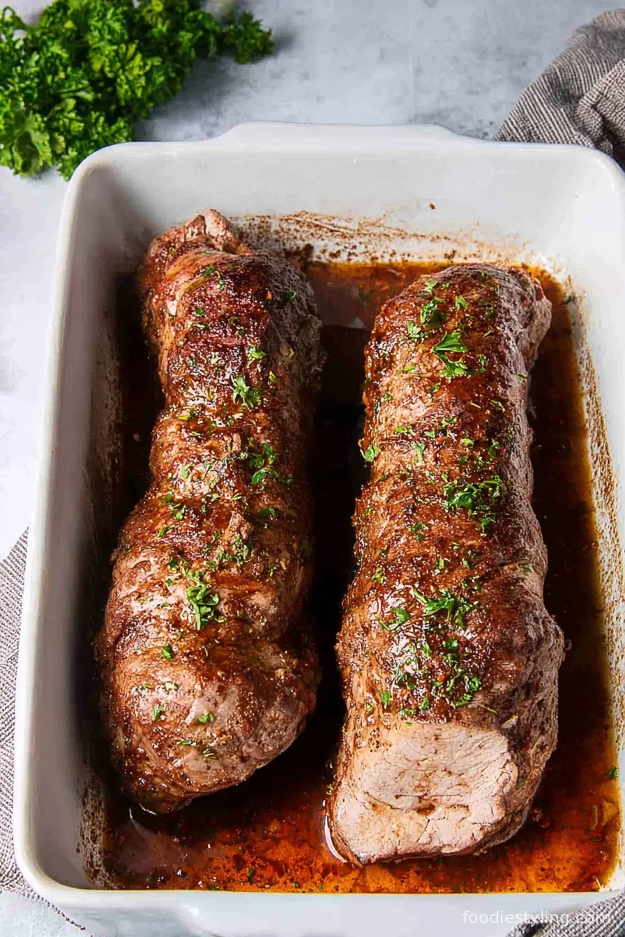 Baked Pork Tenderloin sliced with herbs on a serving platter