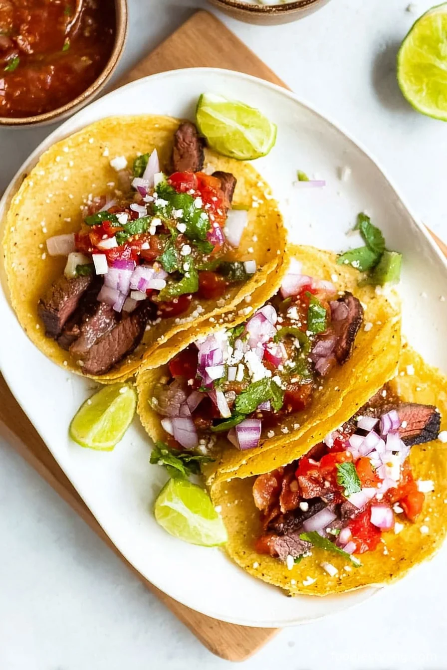 Juicy sliced flank steak nestled in tortillas with fresh toppings