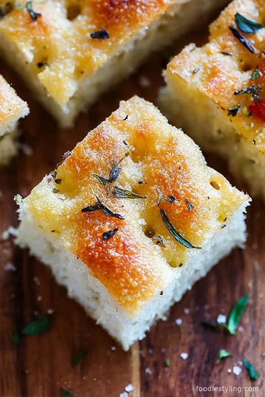 Golden, dimpled focaccia bread cut into generous squares