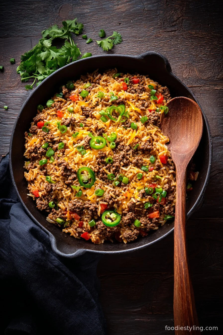 Hearty skillet packed with ground beef, rice, and melting cheddar