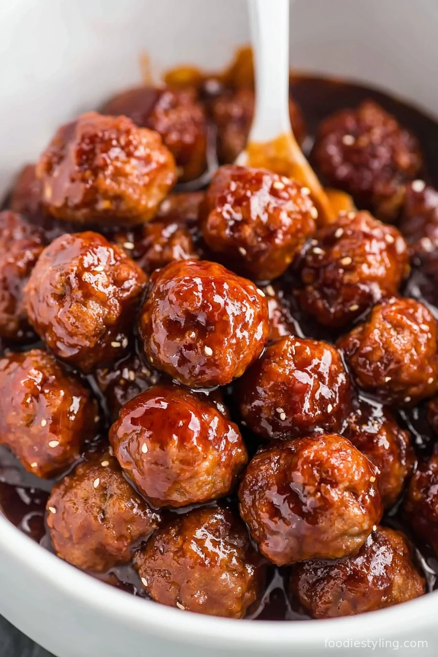 Sticky Honey Garlic Meatballs simmering in a slow cooker