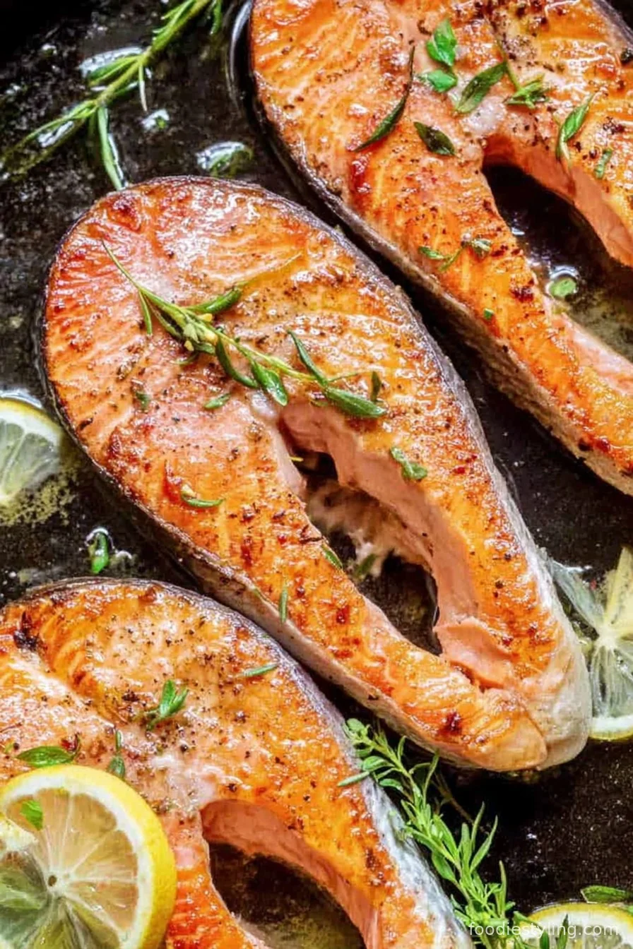 Salmon steaks seared to golden perfection with lemon slices and fresh herbs