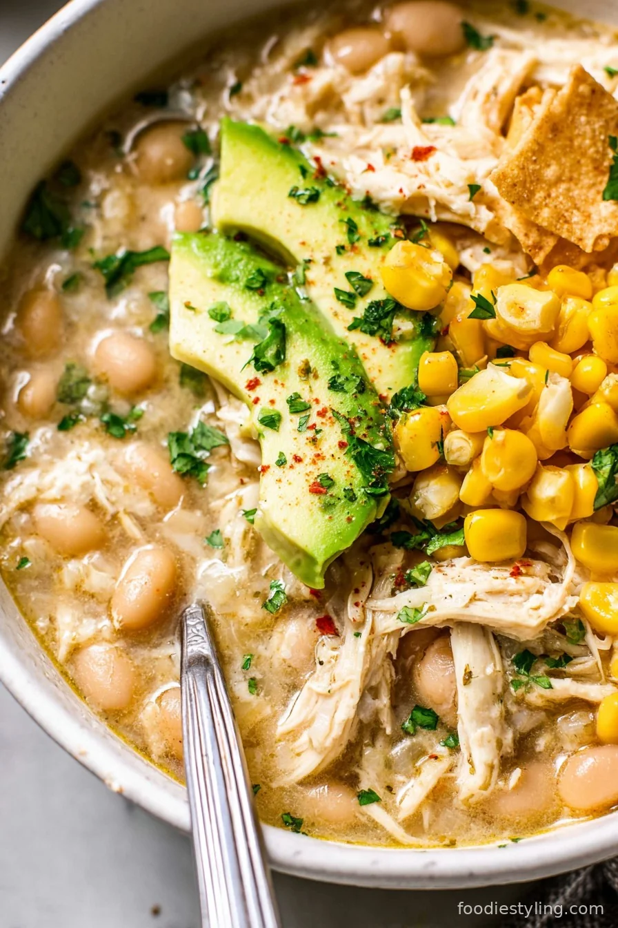 A bowl of creamy Instant Pot White Chicken Chili topped with cilantro and lime wedges