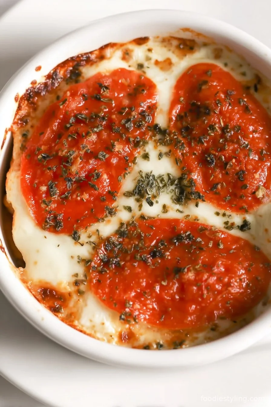 A cheesy, decadent Low Carb Cottage Cheese Pizza Bowl loaded with toppings