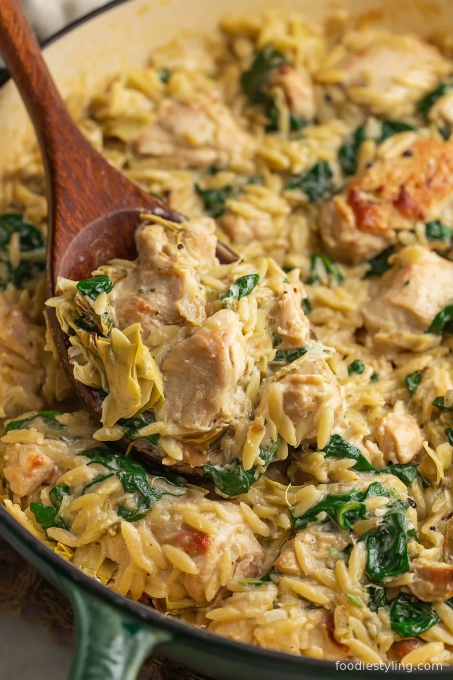 A golden skillet filled with creamy spinach artichoke chicken orzo, garnished with fresh parsley