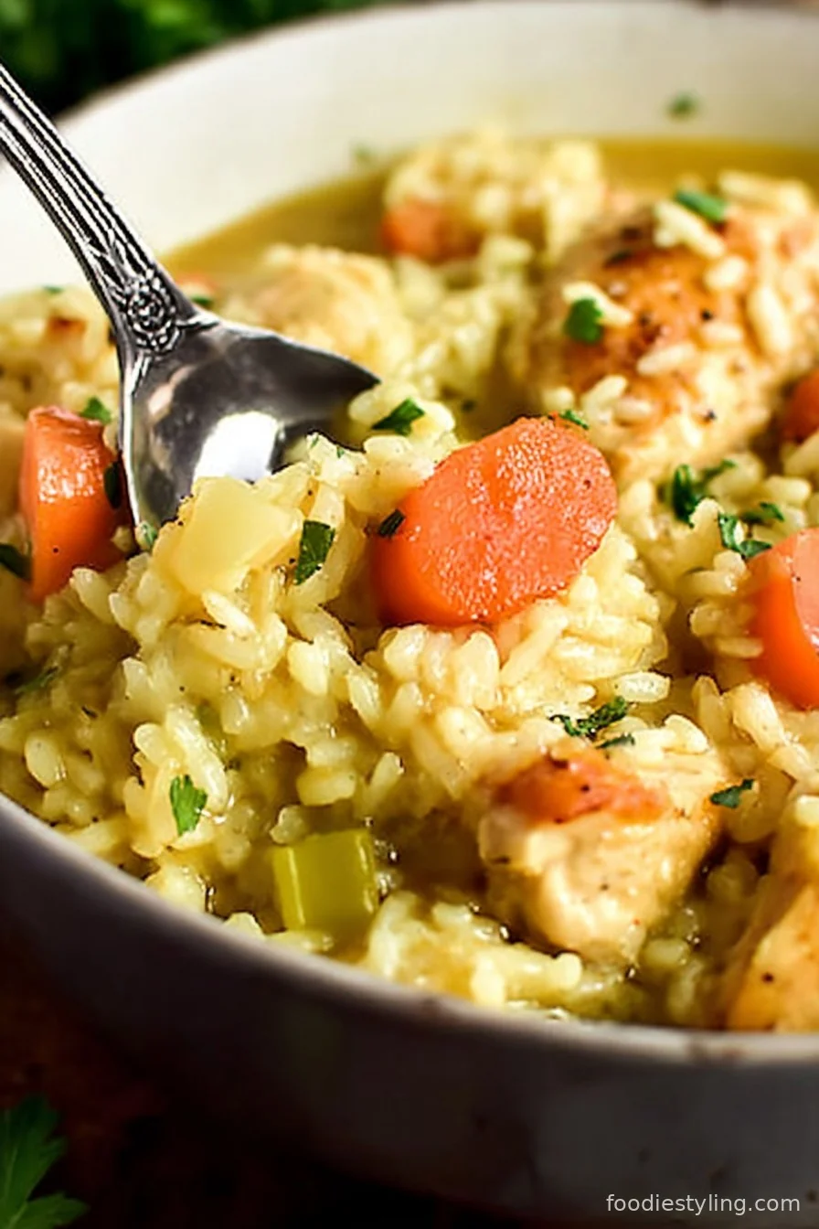 Hearty One Pot Chicken and Rice served in a skillet, garnished with parsley