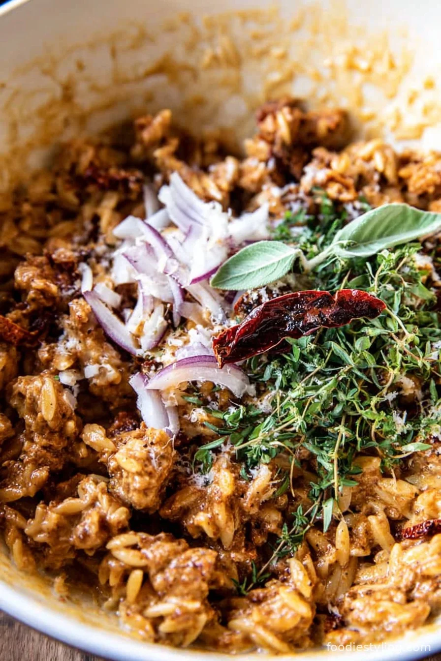 Creamy sun-dried tomato orzo in a skillet with spinach and Parmesan