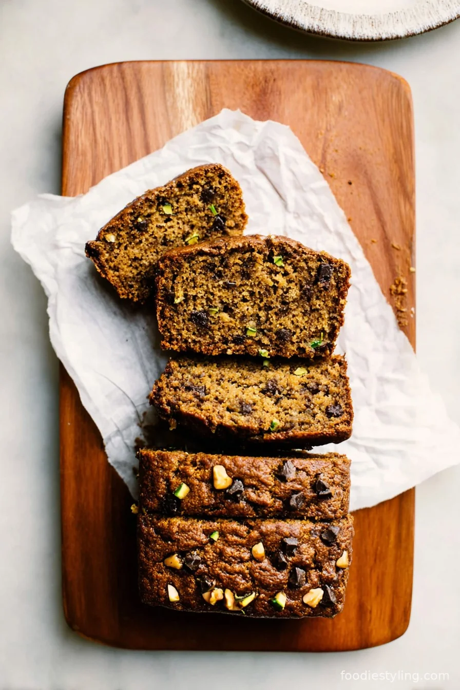 Moist, sliced loaf of Paleo Zucchini Bread with walnuts on a cutting board