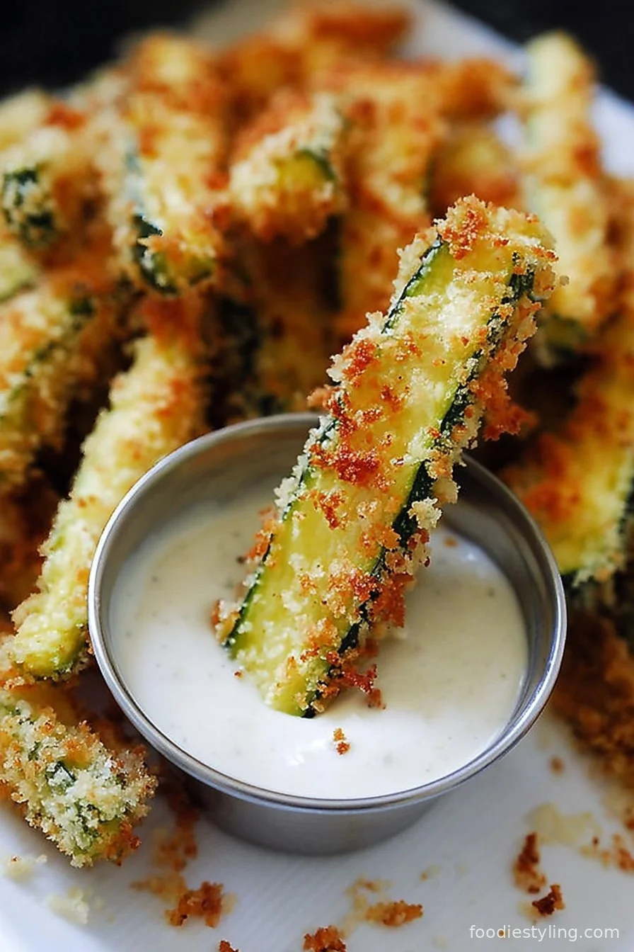 A pile of golden Parmesan Zucchini Fries, crispy and ready to dip