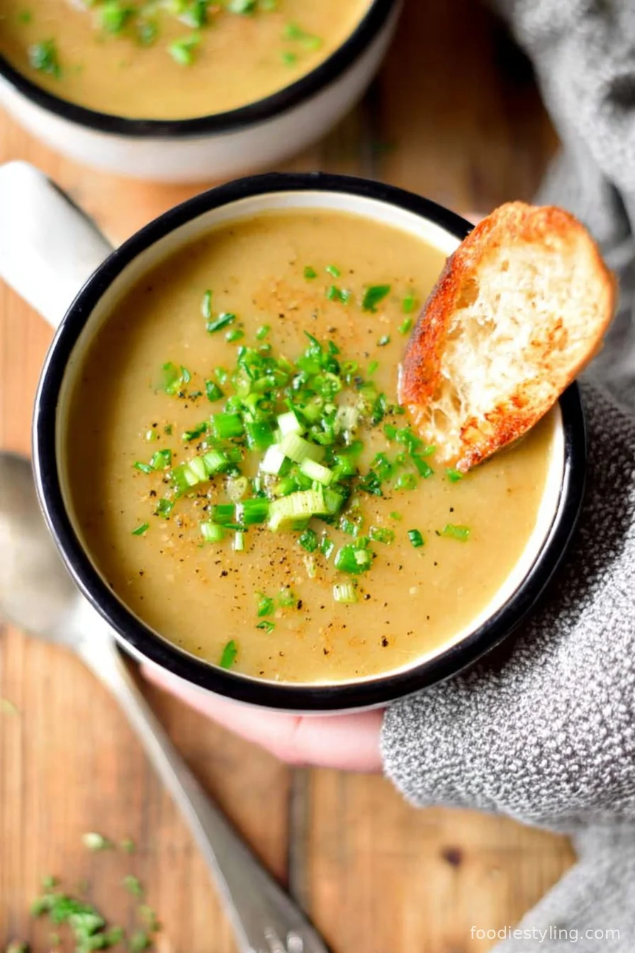 A bowl of creamy potato and leek soup garnished with chives