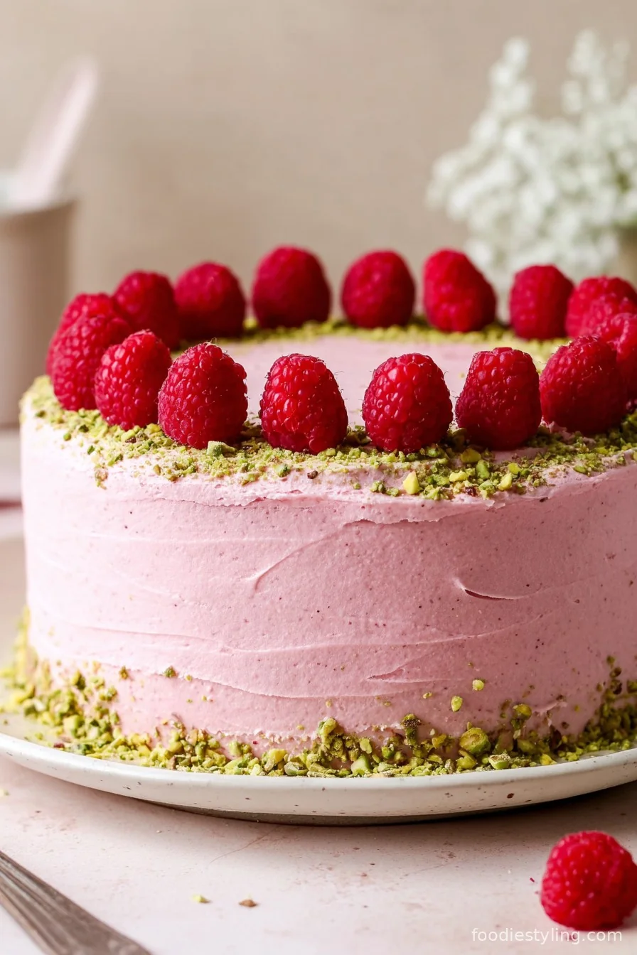 A beautifully garnished slice of Raspberry Pistachio Cake on a plate, showing vibrant layers.