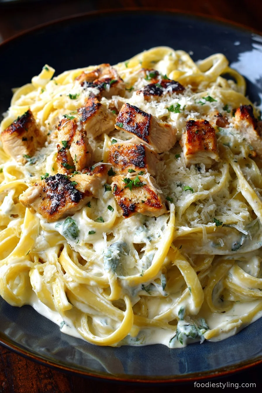 Rotisserie Chicken Alfredo in a skillet, creamy and golden with fresh parsley on top