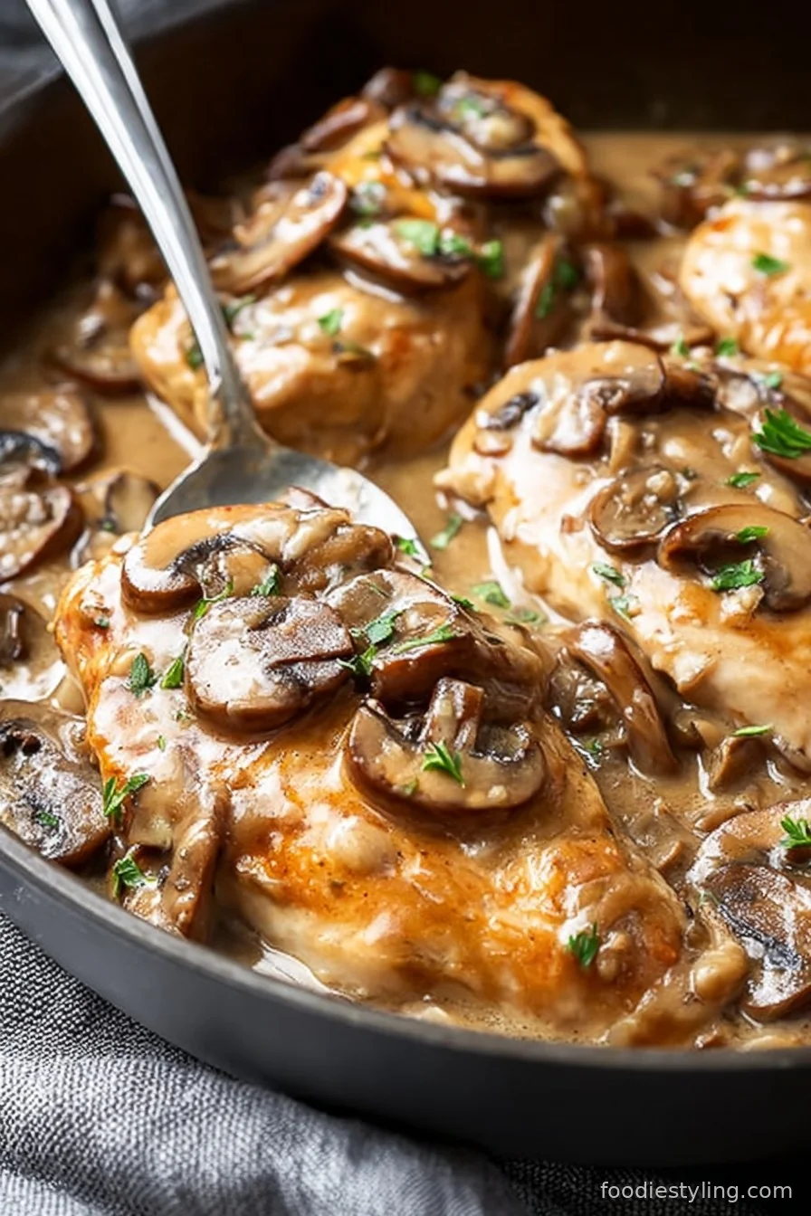 Tender chicken breasts in creamy mushroom wine sauce, garnished with parsley