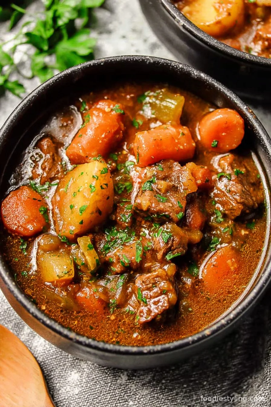 Warm, rustic bowl of slow cooker beef stew with carrots and potatoes